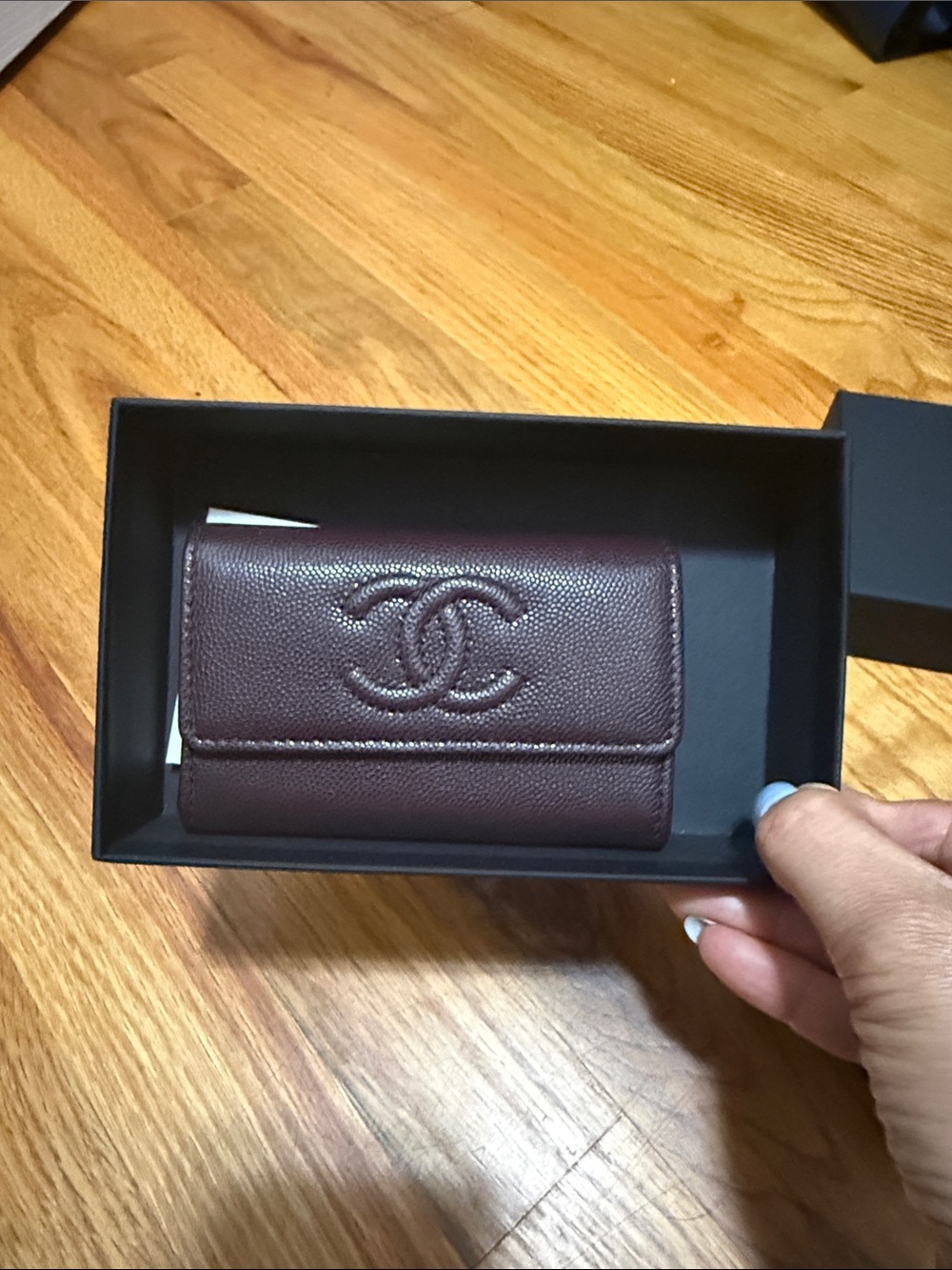 CHANEL Burgundy Pebbled Leather CC Folded Card Case